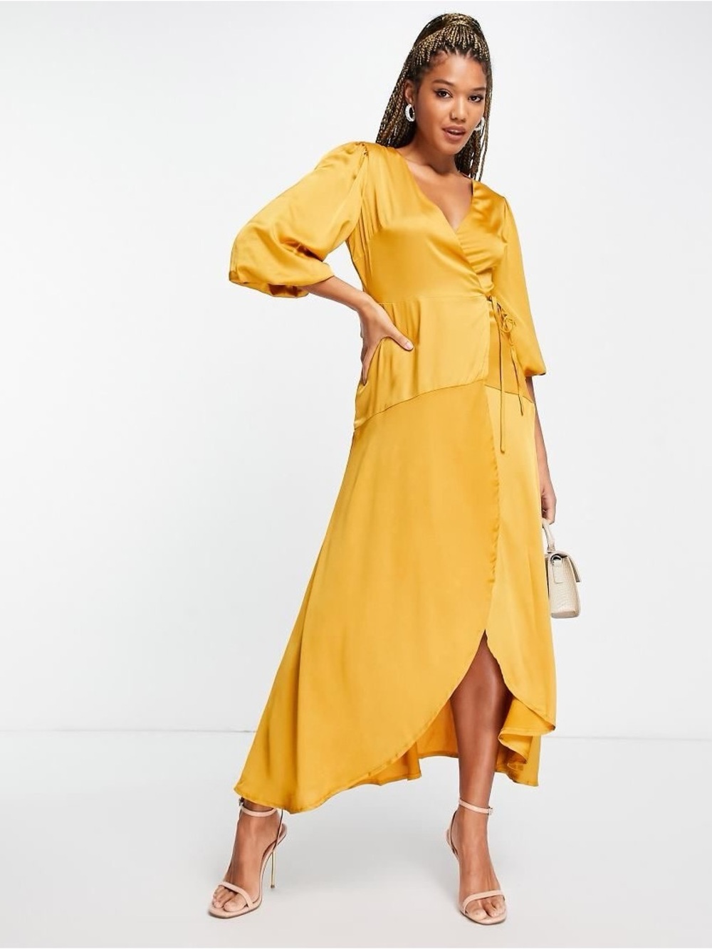 NEW Liquorish Midi Wrap Dress With Balloon Sleeves Golden Mustard Yellow Size 14